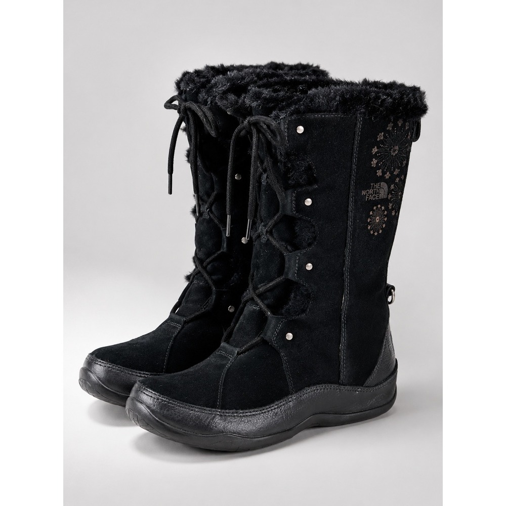 The North Face Winter Boots Women 7 Black Suede Faux Fur Gorpcore Tall Warm